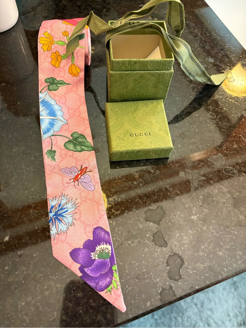 *NIB* Gucci Pink Floral Silk Hair Twilly with Purple & Blue Blooms
